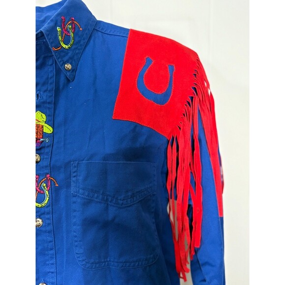 Vintage Handmade Blue‎ Red Western Cowboy Fringe Shirt Boots Horseshoe Button - Picture 4 of 7